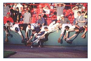 fans reach for foul ball