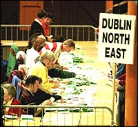 Votes being counted in Dublin's Royal Horticultural Halls Saturday. (AP Photo)