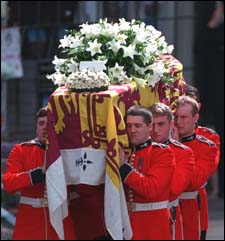 Pallbearers carry Princess Diana's coffin into Westminster Abbey. (AP Photo)