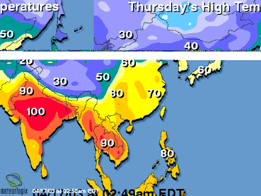 Asia Map: Today's high and low temperatures