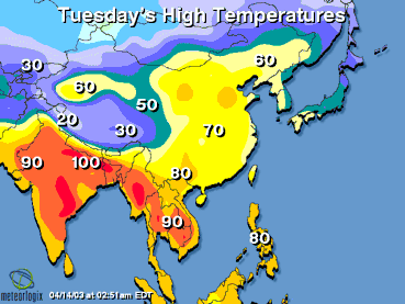 Asia Map: Tomorrow's high temperatures