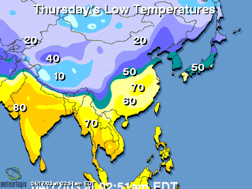 Asia Map: Today's high and low temperatures