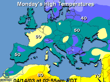 Europe Map: Today's high and low temperatures