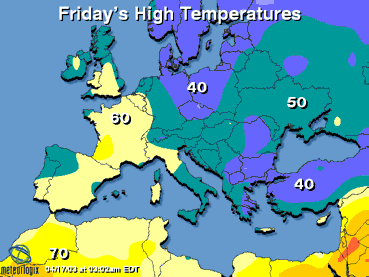 Europe Map: Tomorrow's high and low temperatures