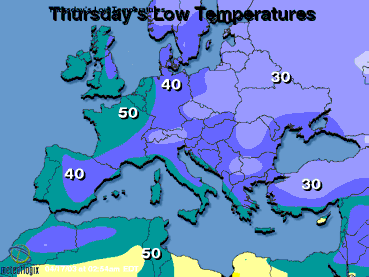 Europe Map: Today's low temperatures