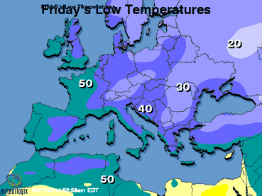 Europe Map: Tomorrow's high and low temperatures